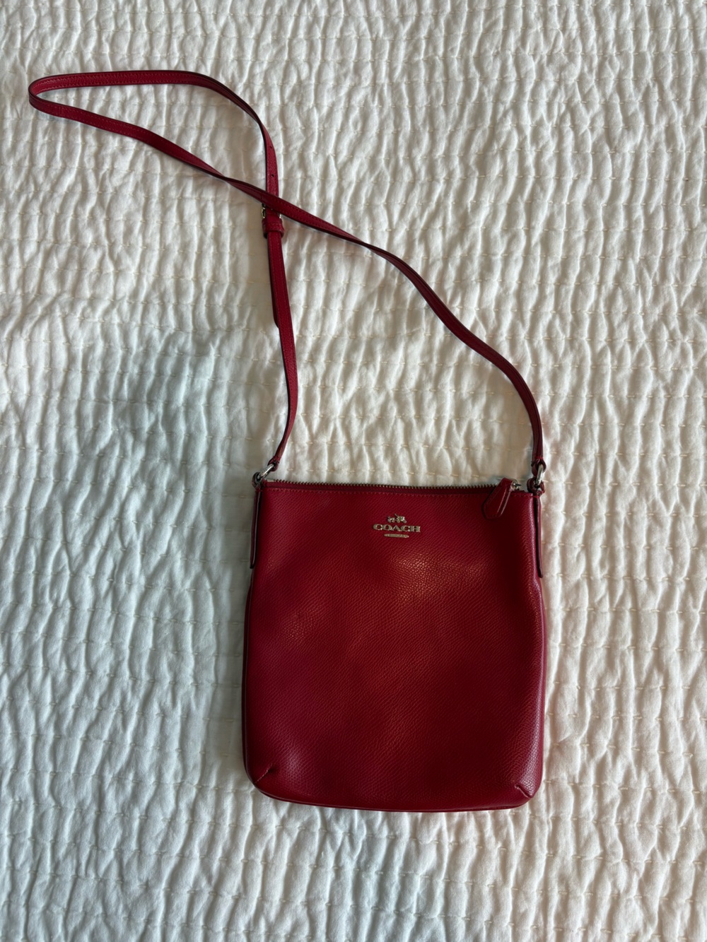Coach Red Pebbled Leather Slim Crossbody with Silver Logo